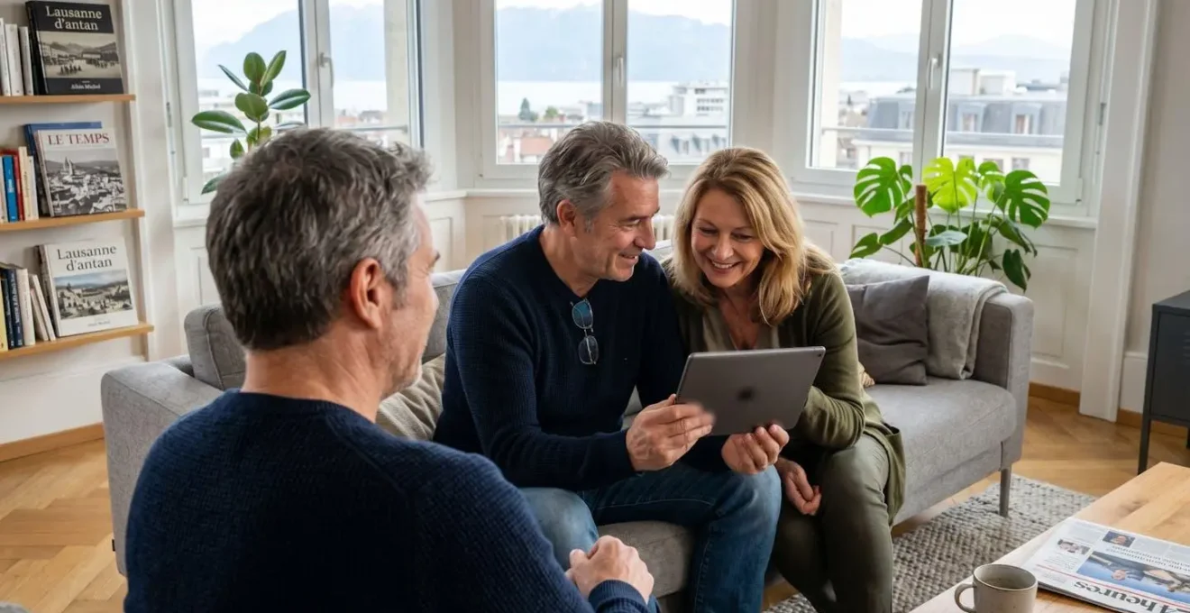Un couple dans la cinquantaine assis côte à côte sur un canapé moderne consulte une tablette ensemble dans un appartement contemporain avec grande baie vitrée