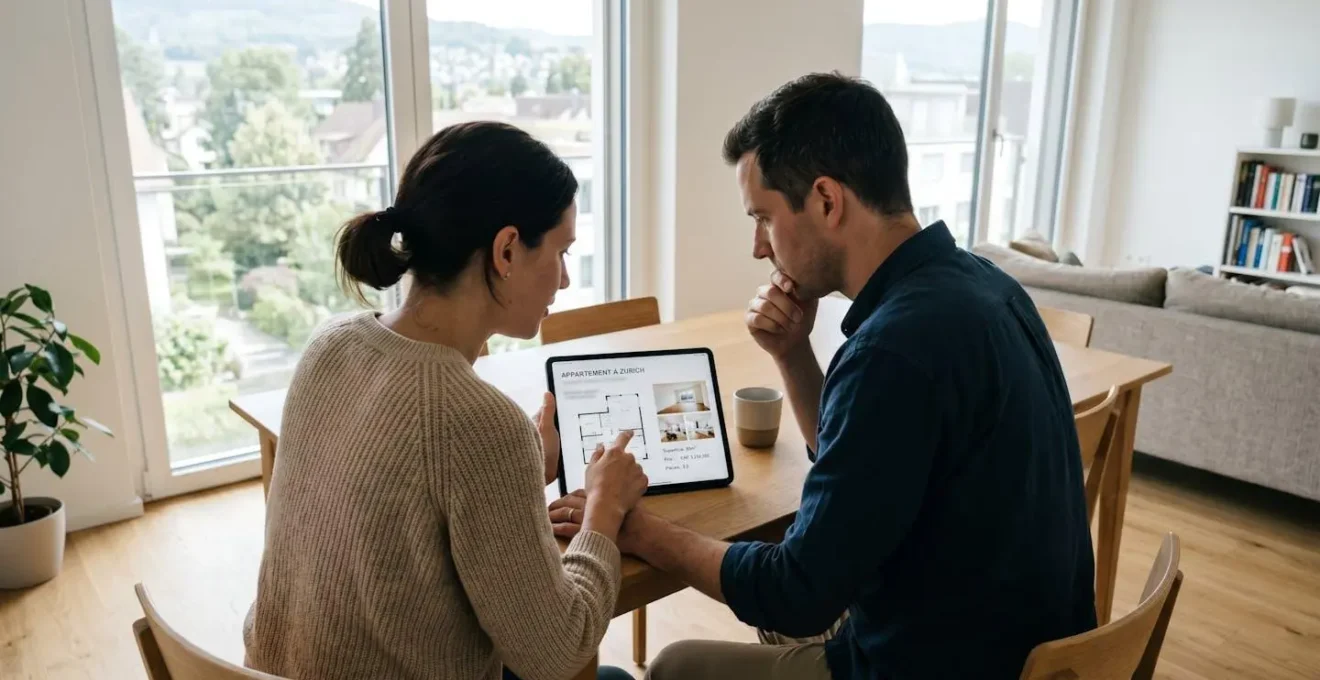 Couple suisse consulte ensemble des graphiques immobiliers sur une tablette dans un salon moderne lumineux