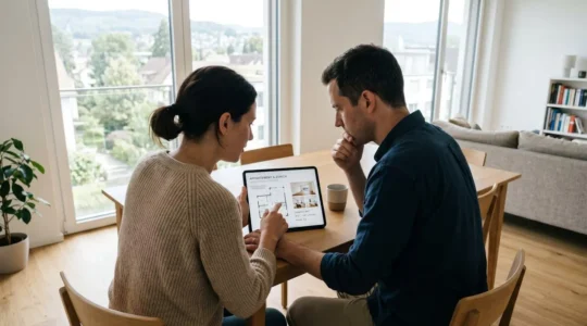 Couple suisse consulte ensemble des graphiques immobiliers sur une tablette dans un salon moderne lumineux