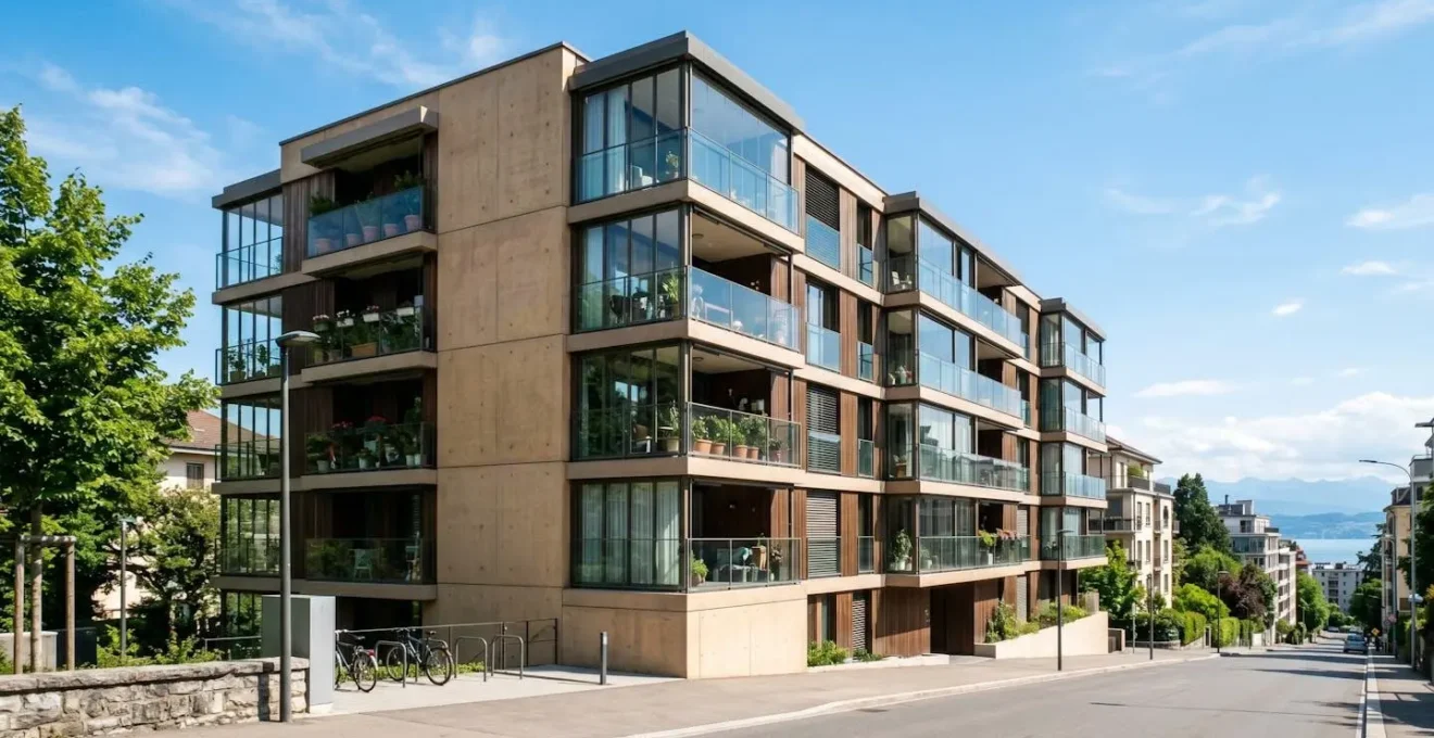 Façade d'un immeuble résidentiel moderne à Lausanne avec grandes baies vitrées et balcons, architecture contemporaine suisse romande sous ciel bleu