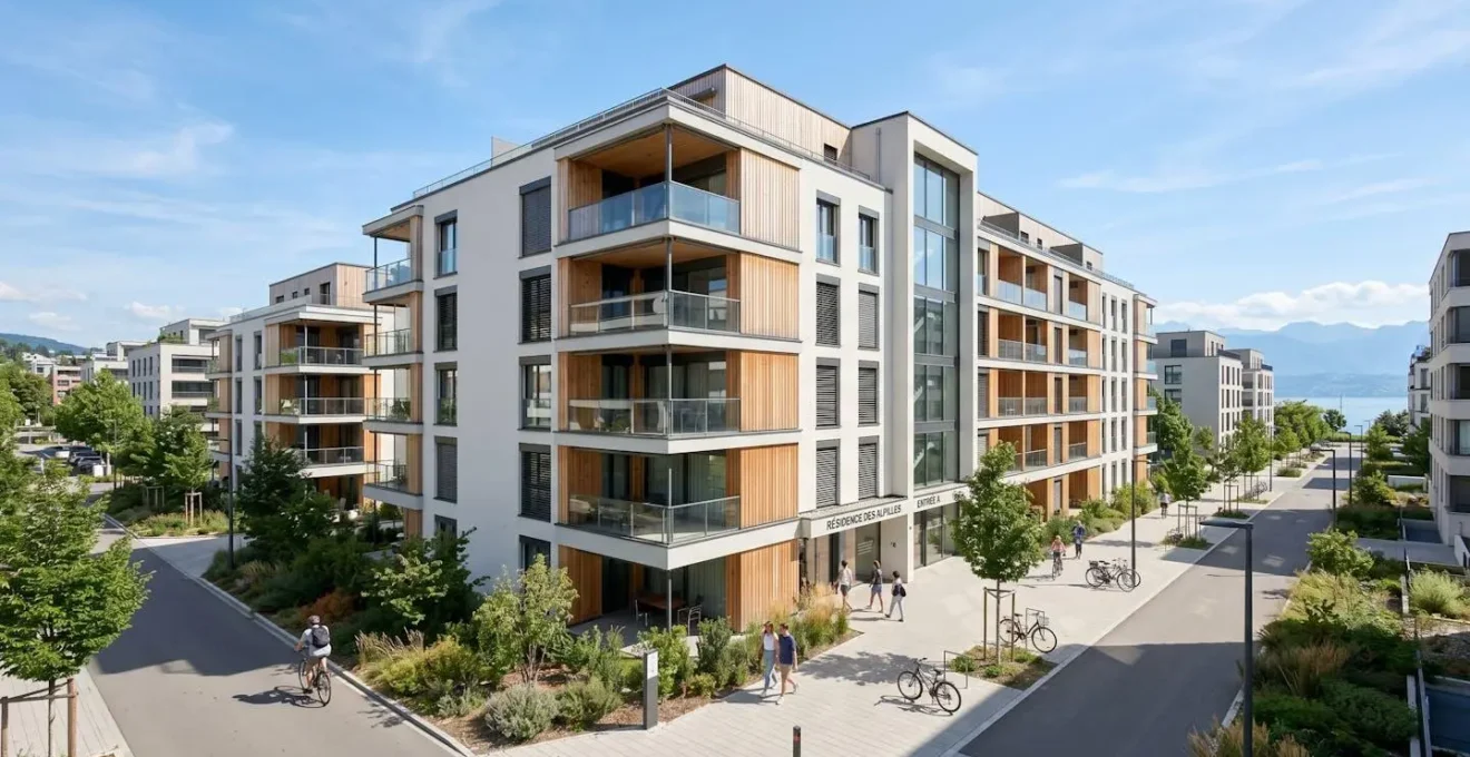 Vue extérieure d'un immeuble résidentiel moderne dans un quartier urbain de Lausanne sous un ciel lumineux