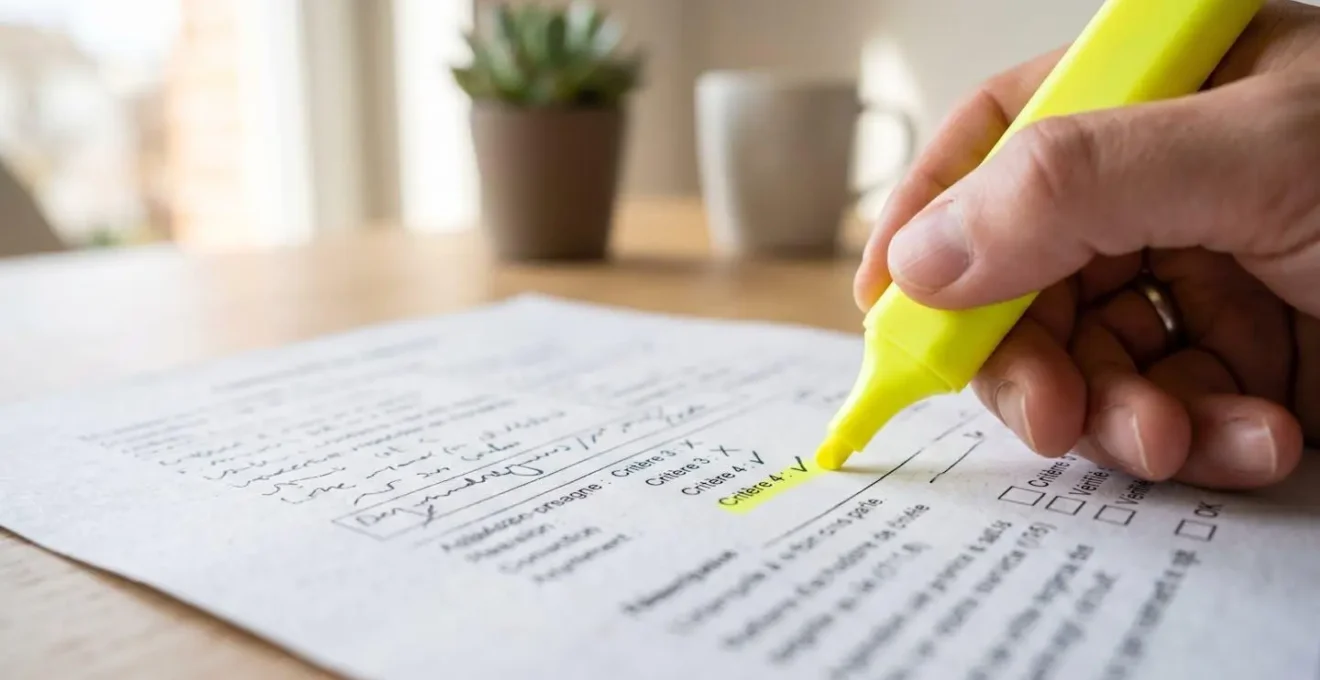 Gros plan main surlignant au stylo des critères sur une checklist papier d'estimation immobilière posée sur un bureau moderne