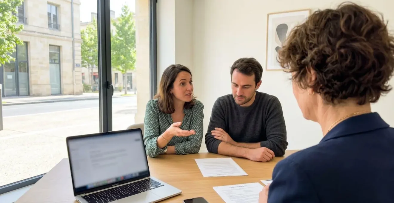 Un couple trentenaire assis à une table moderne avec un ordinateur portable ouvert discute avec un conseiller dont le visage reste hors champ, dans un intérieur contemporain lumineux
