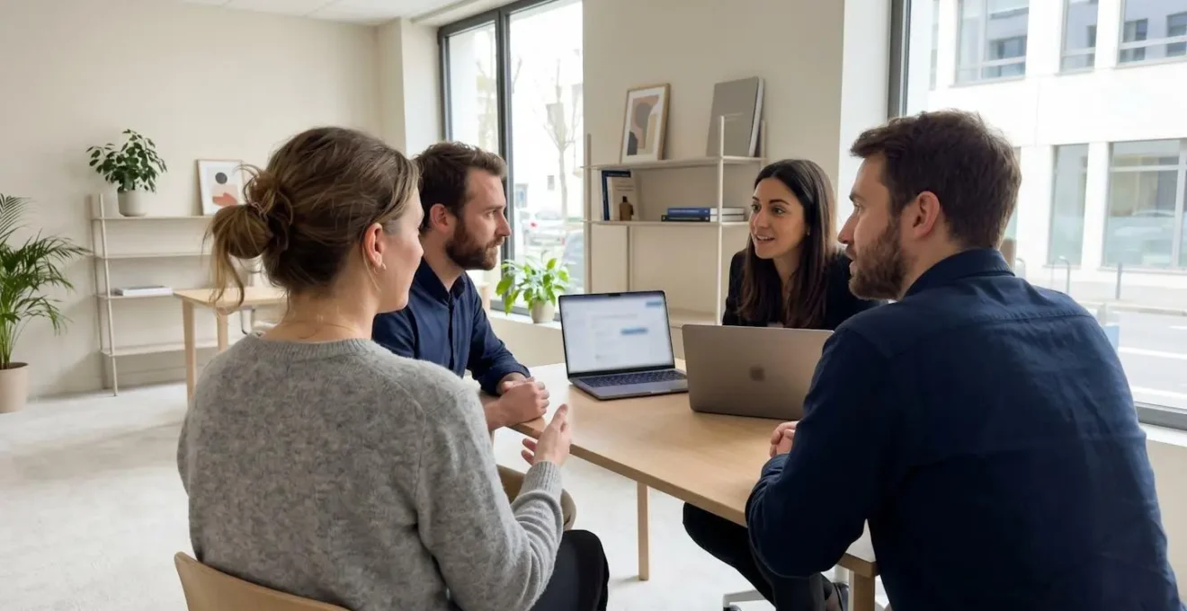 Un couple trentenaire assis à une table moderne avec un ordinateur portable ouvert discute avec un conseiller dont le visage reste hors champ, dans un intérieur contemporain lumineux