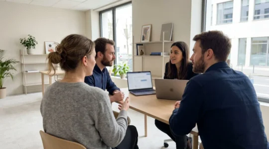 Un couple trentenaire assis à une table moderne avec un ordinateur portable ouvert discute avec un conseiller dont le visage reste hors champ, dans un intérieur contemporain lumineux
