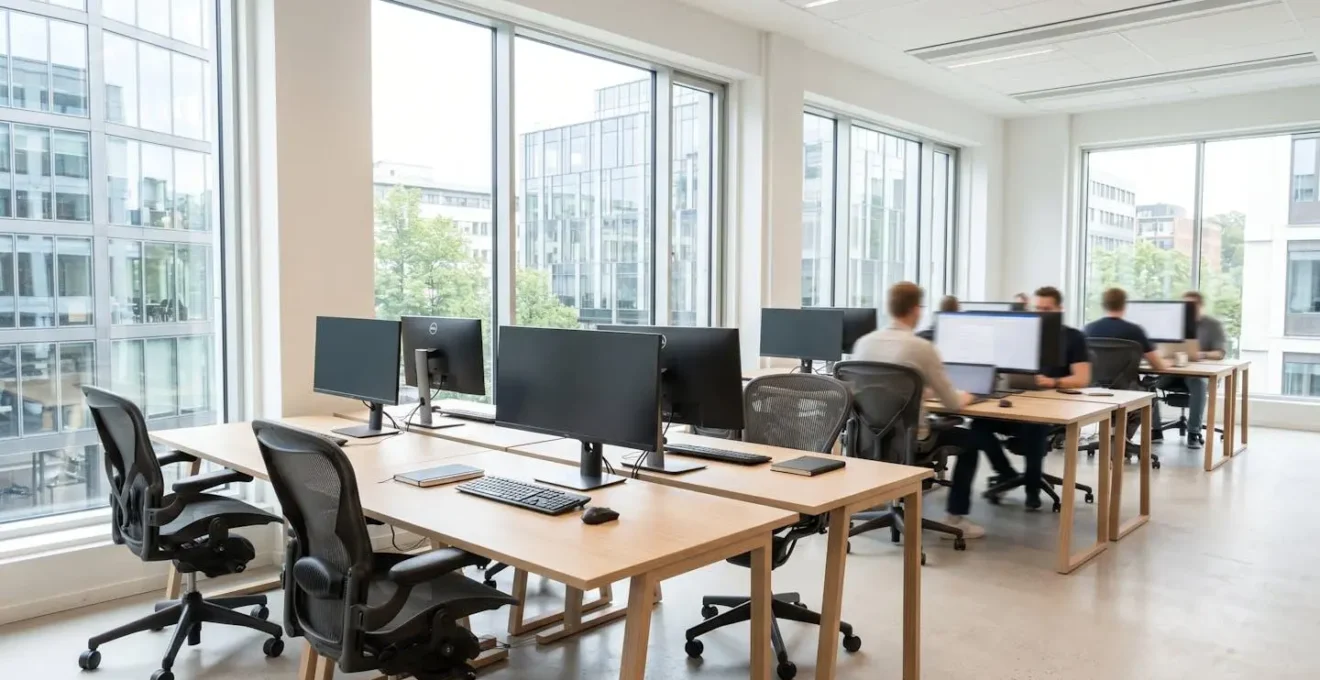 Un espace de coworking contemporain avec de grandes fenêtres laissant entrer une lumière naturelle abondante, des postes de travail épurés et un décor minimaliste