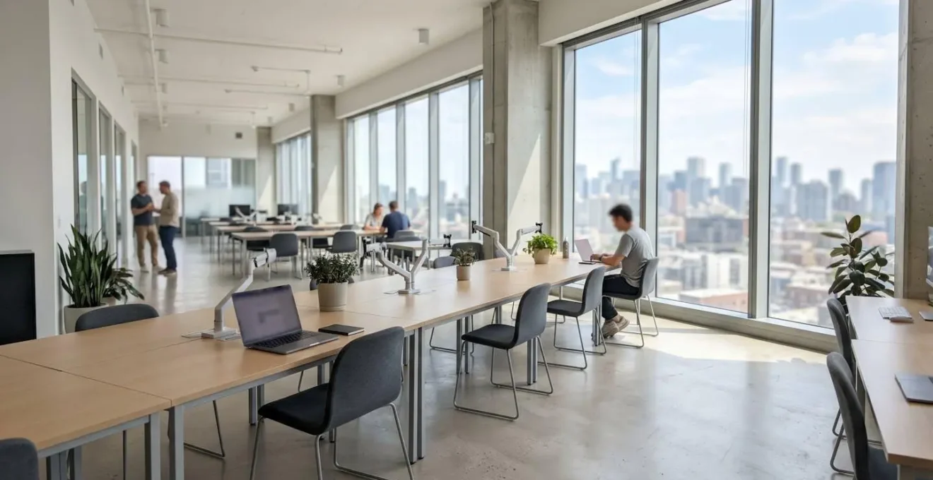 Un espace de coworking contemporain avec de grandes fenêtres laissant entrer une lumière naturelle abondante, des postes de travail épurés et un décor minimaliste