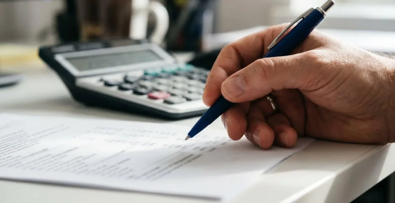 Une main tenant un stylo moderne survolant un document financier dont le texte est complètement flouté, avec une calculatrice contemporaine visible en arrière-plan sur un bureau blanc