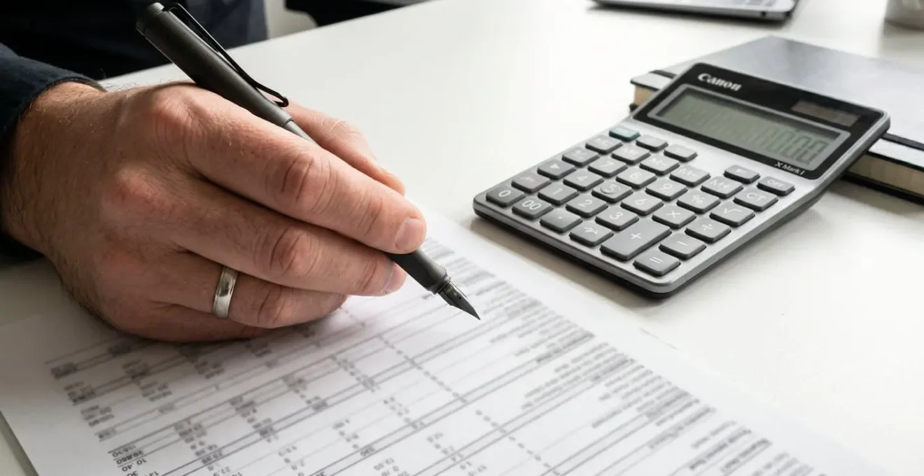 Une main tenant un stylo moderne survolant un document financier dont le texte est complètement flouté, avec une calculatrice contemporaine visible en arrière-plan sur un bureau blanc