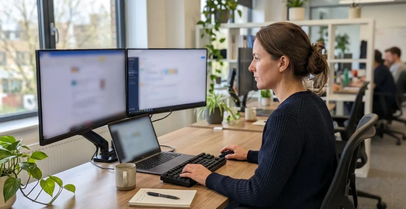 Un professionnel vu de dos ou de profil travaille face à deux écrans d'ordinateur dont le contenu est complètement flouté, main sur la souris, dans une posture concentrée sur un bureau moderne