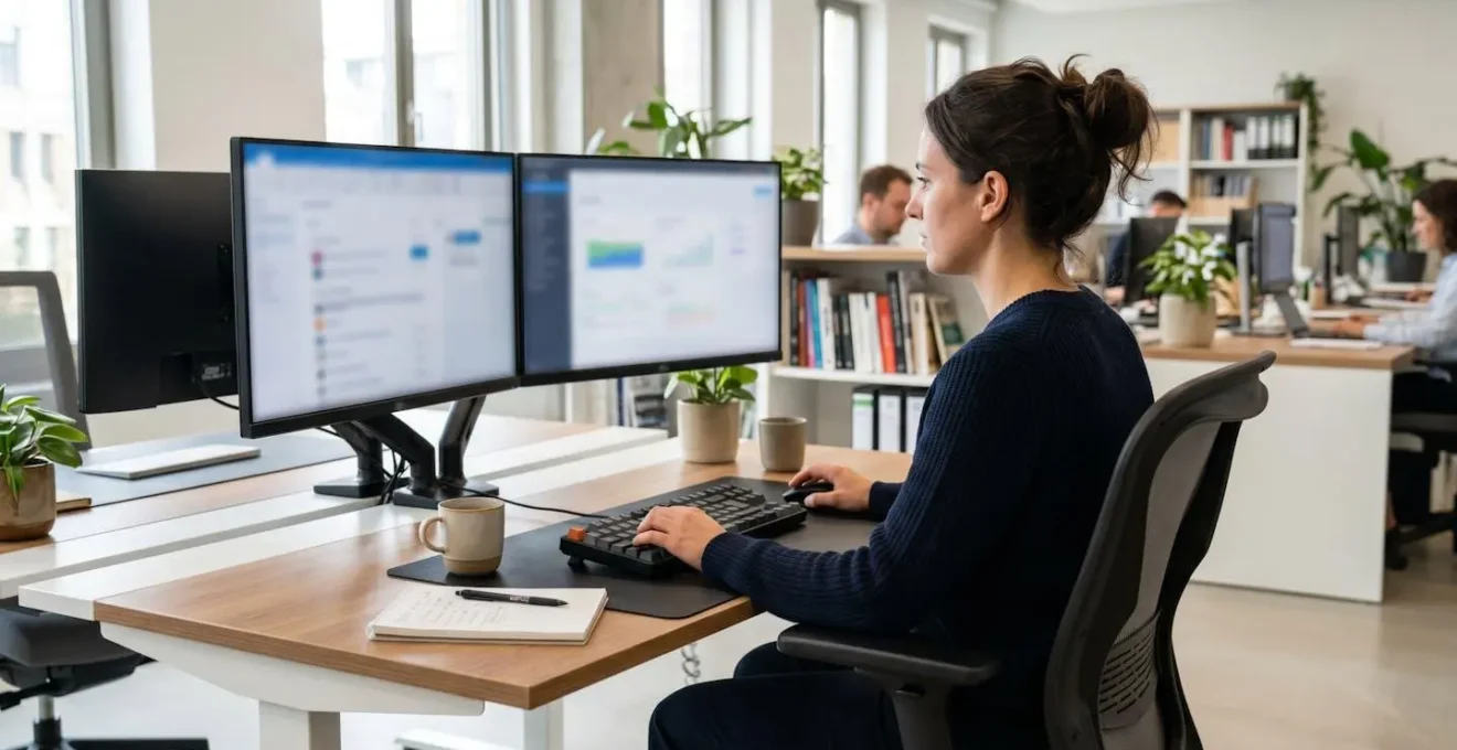 Un professionnel vu de dos ou de profil travaille face à deux écrans d'ordinateur dont le contenu est complètement flouté, main sur la souris, dans une posture concentrée sur un bureau moderne