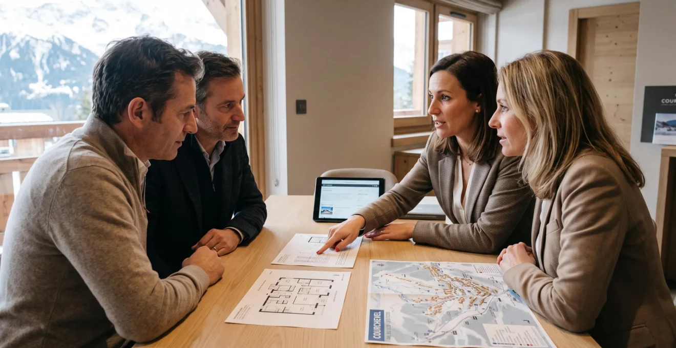 Conseillère immobilière expliquant des plans d'appartements à un couple de clients dans une agence immobilière de montagne à Courchevel, ambiance professionnelle chaleureuse avec vue montagne en arrière-plan