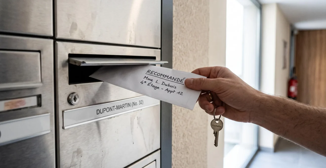 Main déposant un courrier recommandé notifiant des travaux dans une boîte aux lettres d'immeuble résidentiel
