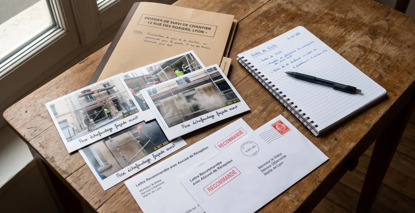 Dossier de preuves constitué avec photos datées des nuisances, courriers recommandés et documents officiels sur une table