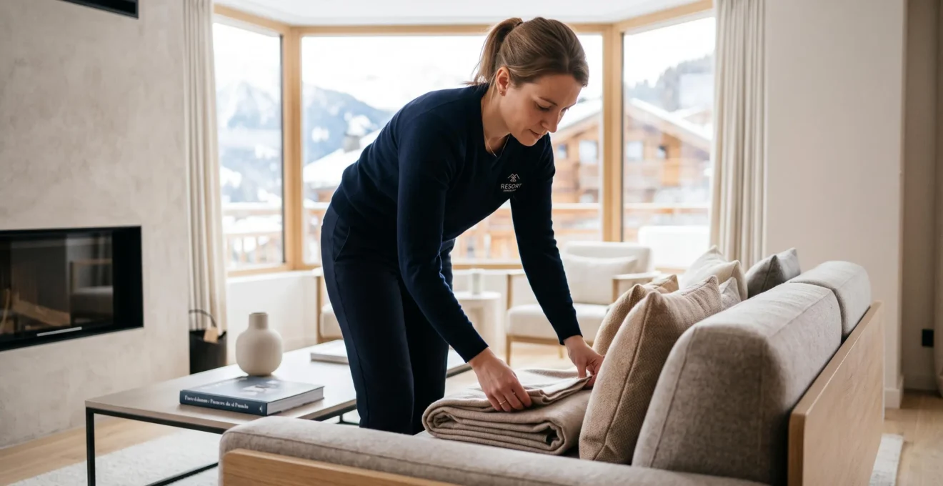 Employée de conciergerie professionnelle préparant un appartement haut de gamme à Courchevel pour l'arrivée de locataires saisonniers, intérieur contemporain soigné avec vue montagne