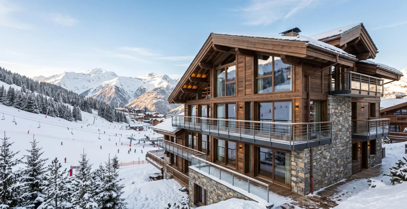 Façade d'une résidence immobilière contemporaine haut de gamme à Courchevel 1850, architecture alpine en bois et pierre avec larges baies vitrées donnant sur les pistes enneigées