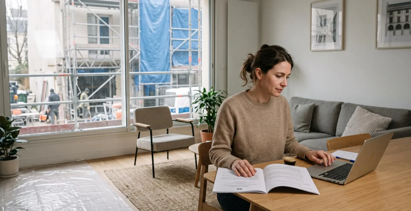 Locataire dans son appartement consultant des documents pendant des travaux de rénovation visibles par la fenêtre avec échafaudage extérieur