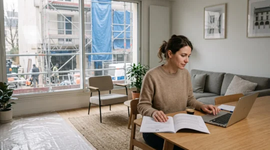 Locataire dans son appartement consultant des documents pendant des travaux de rénovation visibles par la fenêtre avec échafaudage extérieur