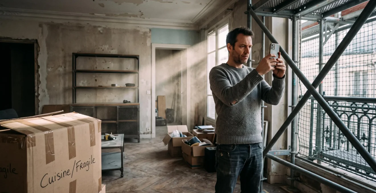 Locataire photographiant avec son smartphone les nuisances causées par des travaux dans son appartement pour constituer un dossier de preuves