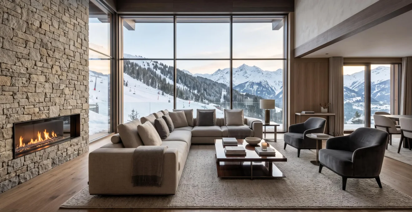 Salon d'un appartement de prestige à Courchevel 1850, mobilier contemporain haut de gamme, cheminée design et vue panoramique sur les pistes de ski enneigées par larges baies vitrées