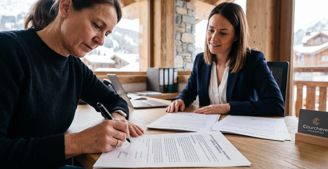 Signature d'un compromis de vente immobilier dans une agence de Courchevel, main d'acquéreur tenant un stylo au-dessus de documents contractuels, agent immobilier professionnel présent
