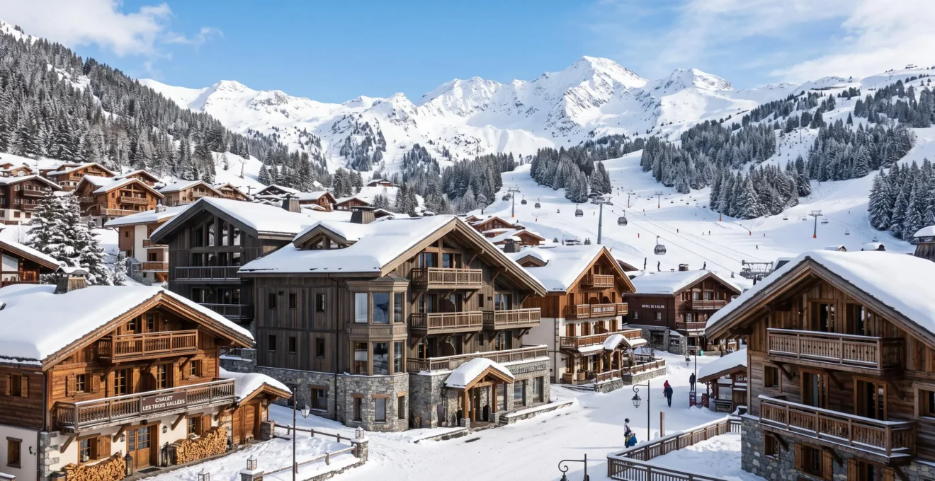Vue panoramique sur les chalets et résidences haut de gamme de Courchevel 1850 en hiver, architecture montagnarde contemporaine en bois et pierre avec pistes de ski et sommets alpins enneigés en arrière-plan sous ciel bleu