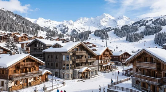 Vue panoramique sur les chalets et résidences haut de gamme de Courchevel 1850 en hiver, architecture montagnarde contemporaine en bois et pierre avec pistes de ski et sommets alpins enneigés en arrière-plan sous ciel bleu