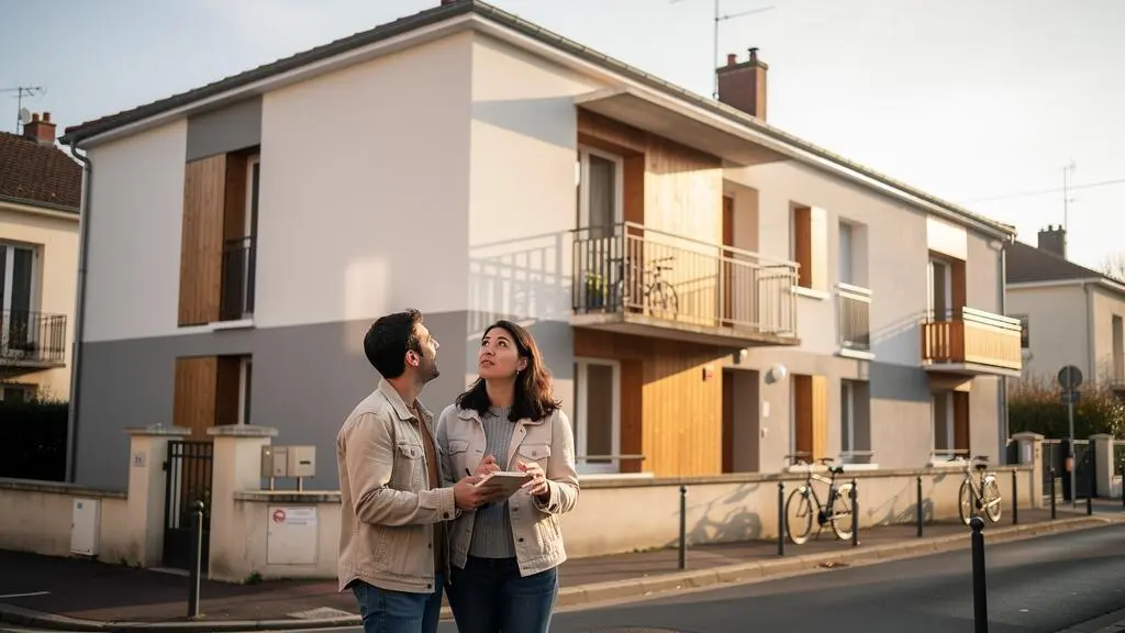 Un jeune couple observe la façade d'un résidence récente en discutant projet immobilier.
