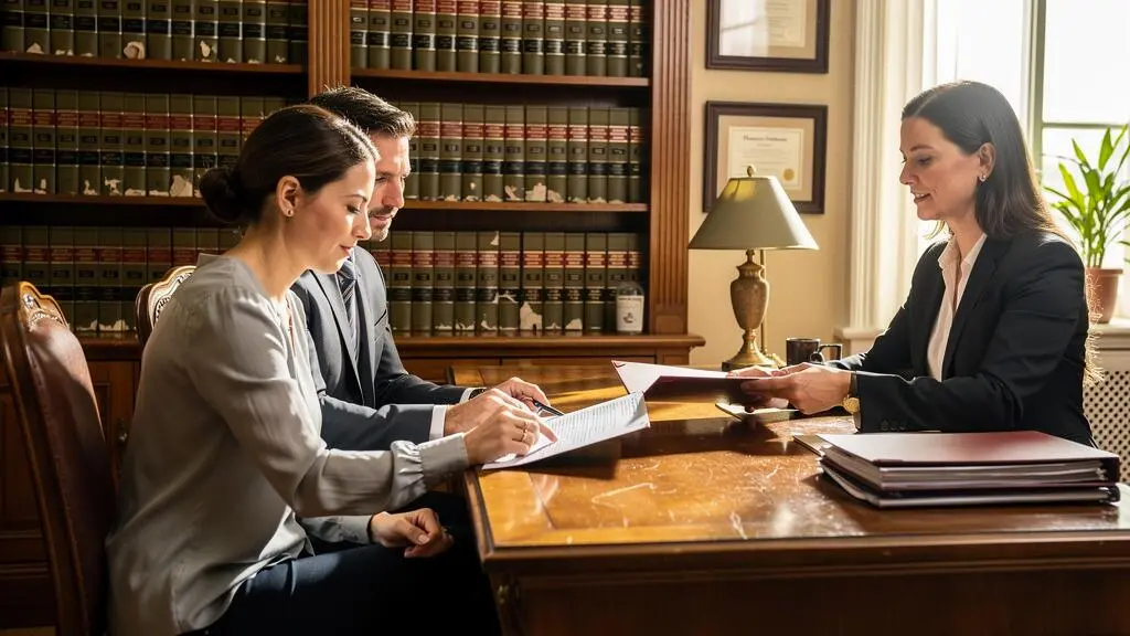 Un couple vérifie un dossier de financement devant un notaire au cabinet.